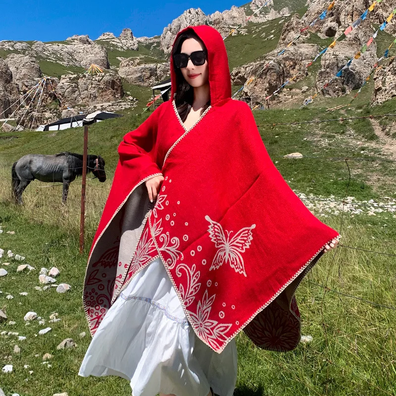 Imitation cashmere cape shawl women's Poncho hooded fashionable and warm outer cloak Outdoor insulation for tourism and travel