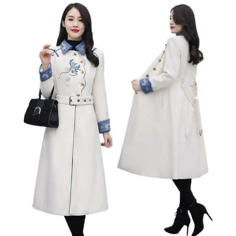 

Women's Woolen Coat For Winter Autumn New Fashion Long Embroidered Slimming Fit Wool Overcoat Embroidery Jacket With Belt ZM2907