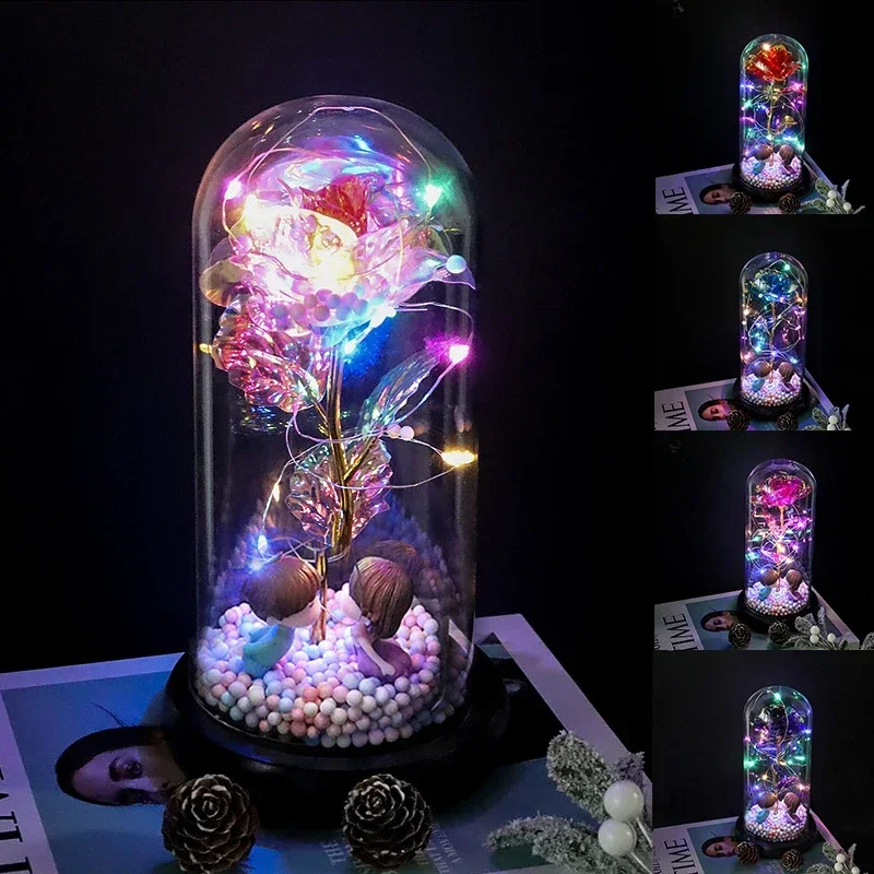 

Artificial Eternal Flower Glass Cover Plastic Laser Colored Roses Wedding Anniversary Birthday Party Gift for Women Lady Girl