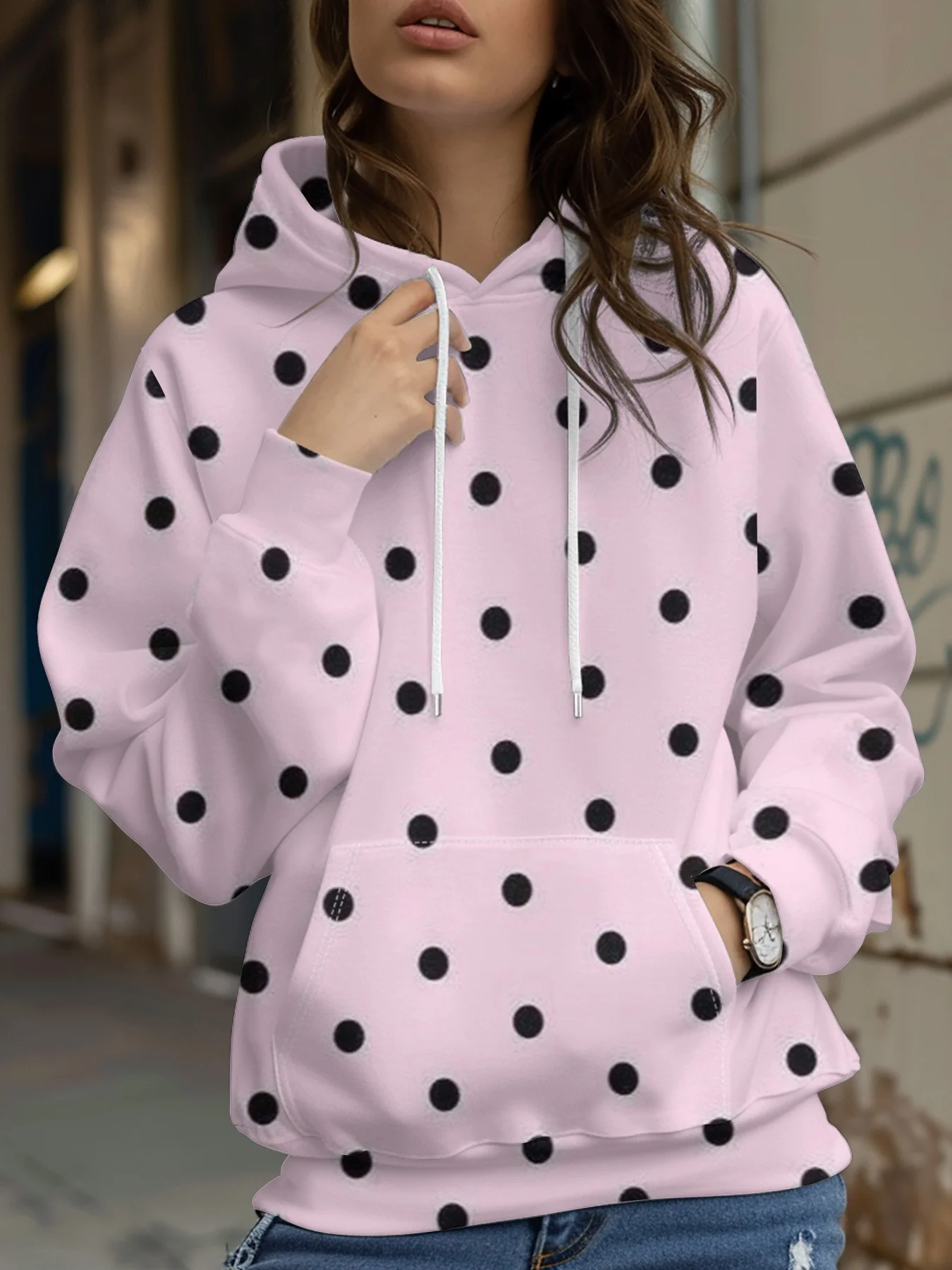 

Black Dot Casual Women's Hoodies Retro Polka Dots Aesthetic Graphic Loose Hoodie Spring Long Sleeve Hip Hop Oversized Sweatshirt