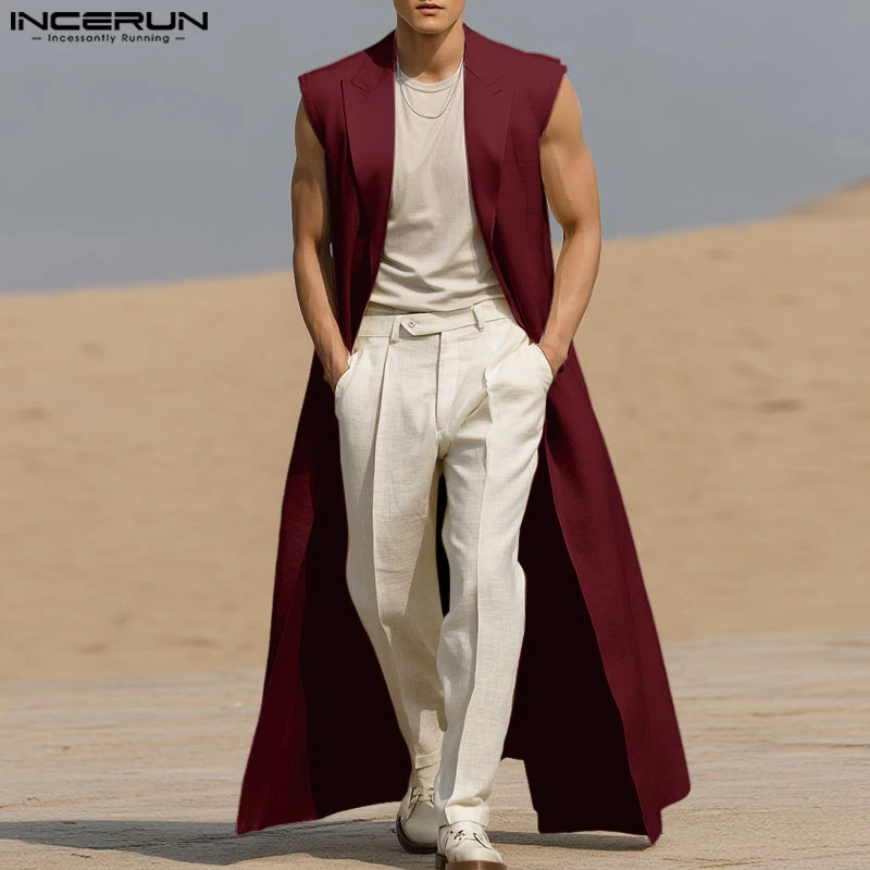 INCERUN Men Long Style Vests Solid Color Lapel Sleeveless Casual Male Waistcoats Streetwear 2025 Autumn Fashion Outerwear Men
