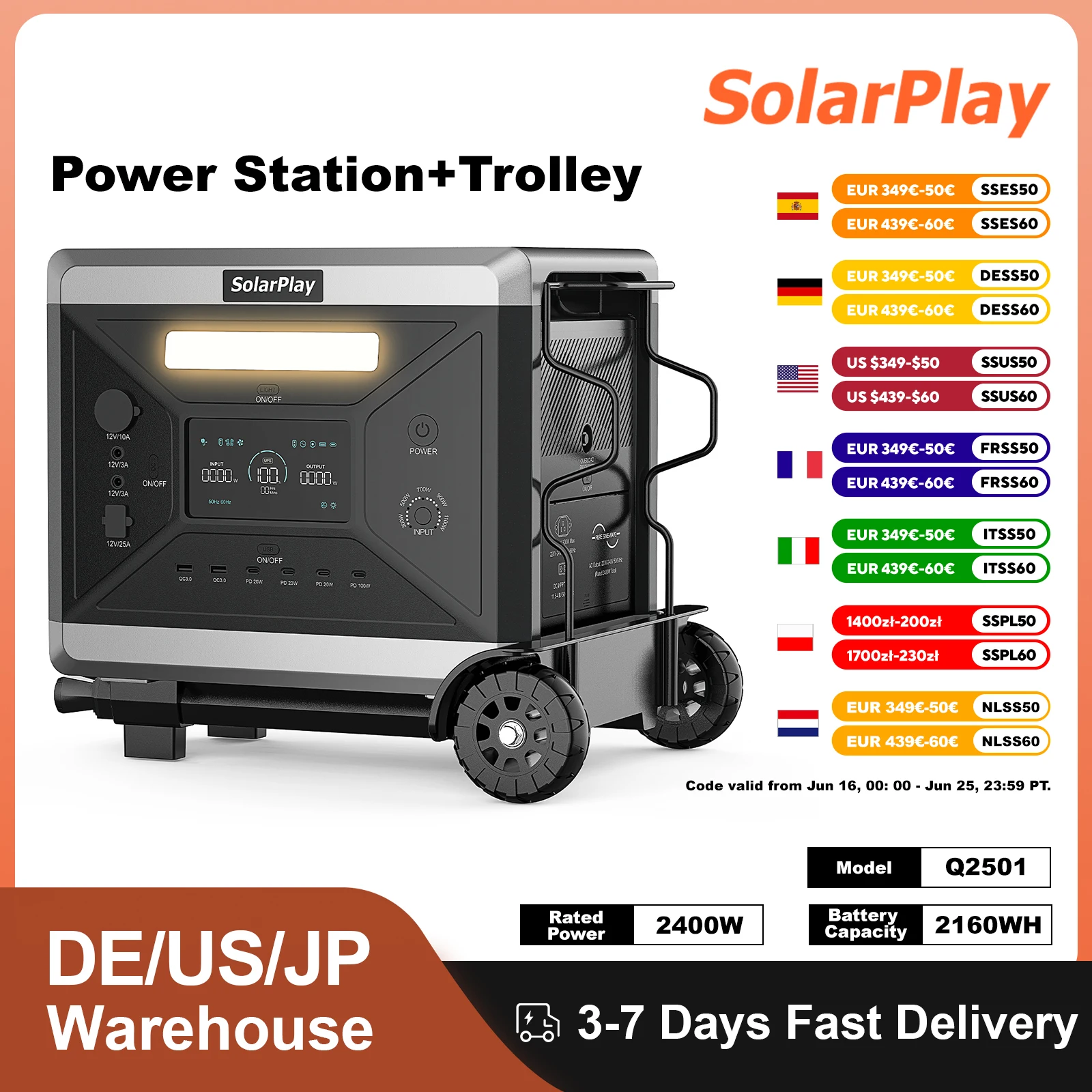

Электрический генератор SOLARPLAY Q2501, зарядная станция, режим ИБП, перезаряжаемая батарея Lifepo4 с тележкой для кемпинга