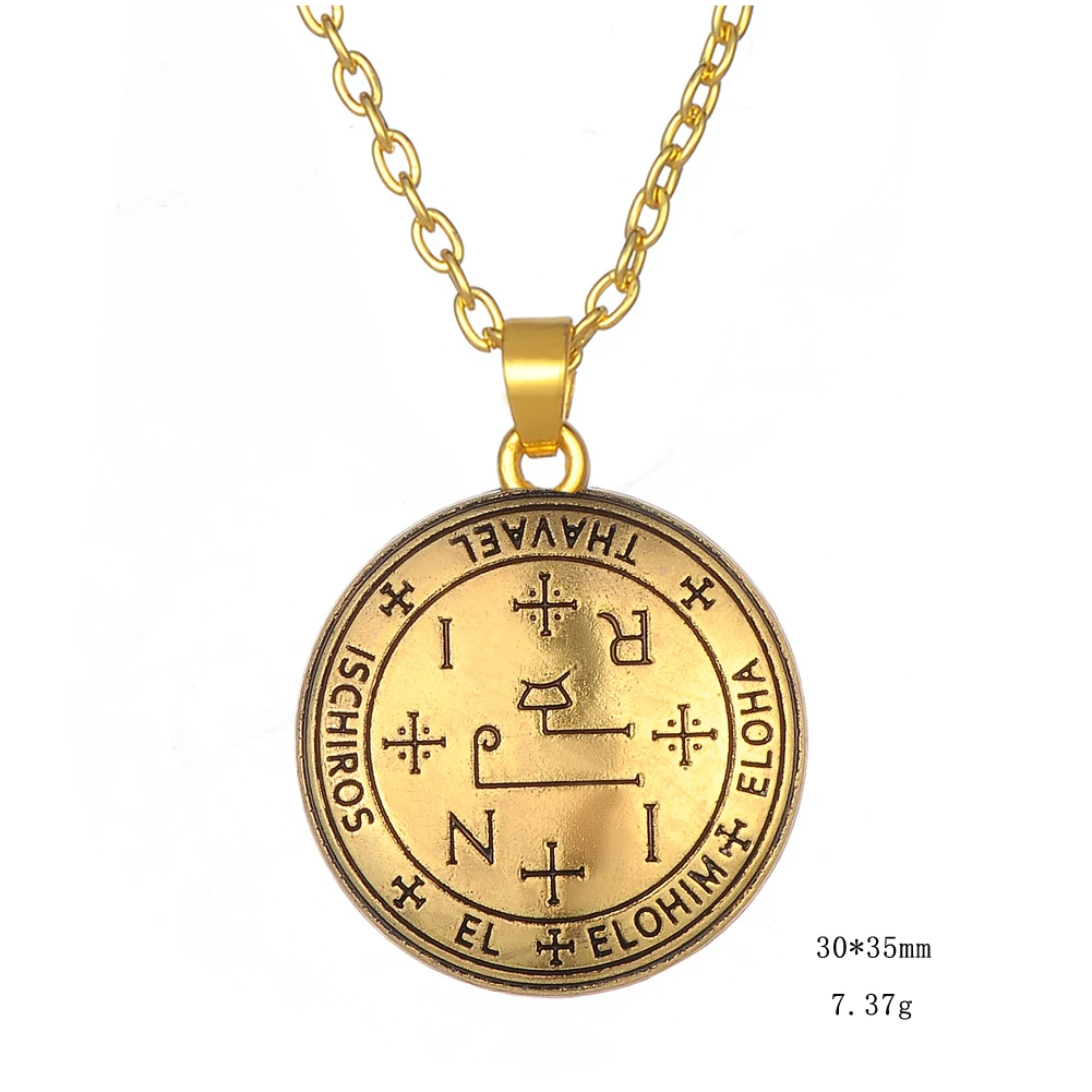 Key of Solomon Round Pendant Necklace The Seal of The Seven Archangels Talisman Rope Chain Amulet Stainless Steel Long Necklaces