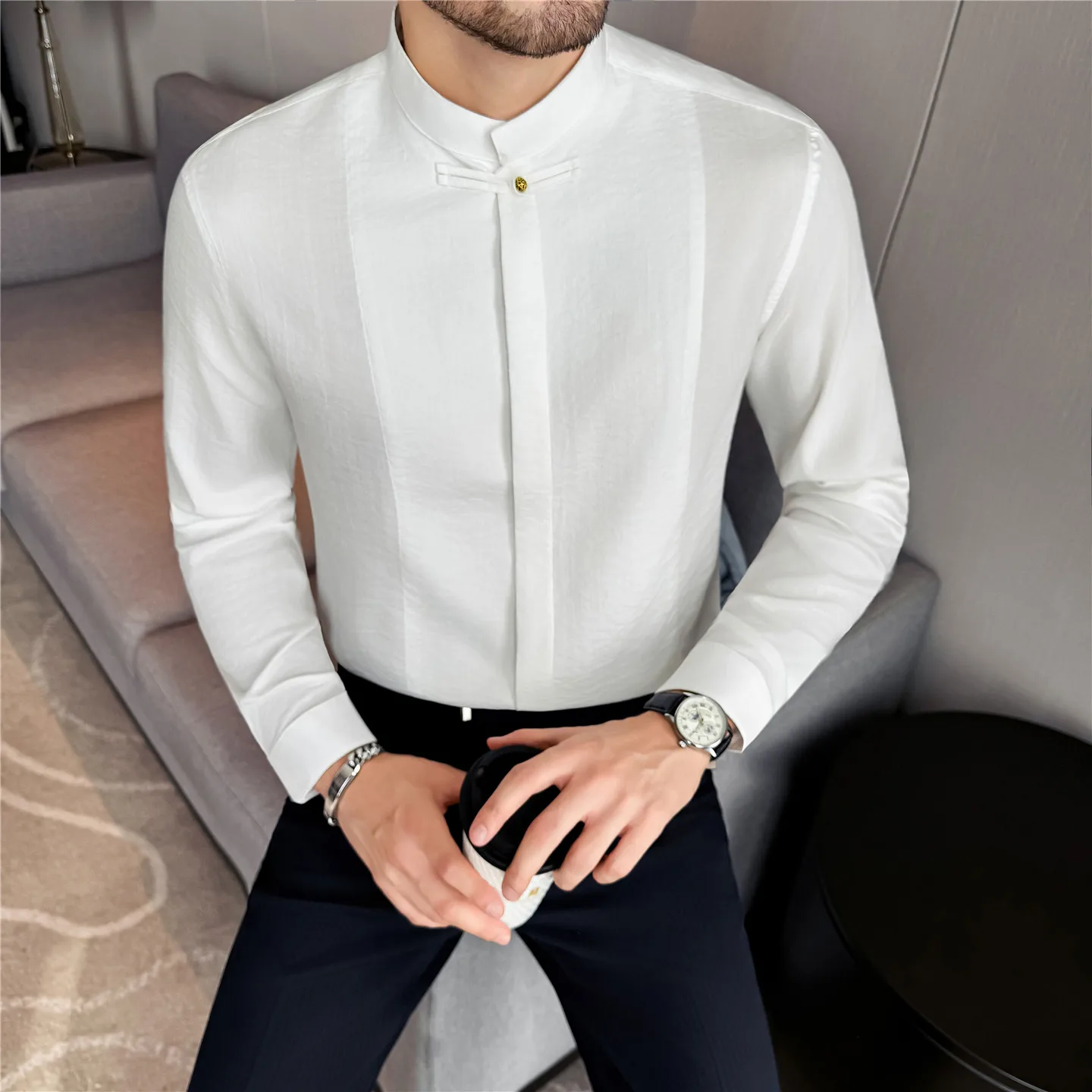 

Linen-Cotton Texture Men's New Chinese Style Stand Collar Shirt Asymmetrical Frog Closure Design​​ Modern Traditional