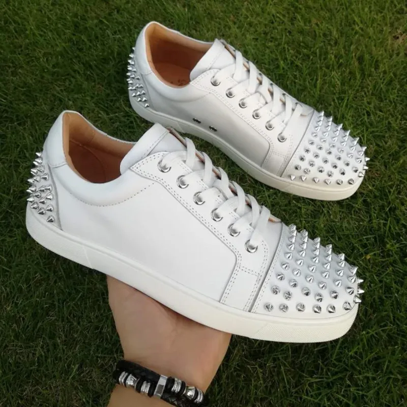 men luxury fashion stage nightclub rivets shoes white original leather spikes shoe lace-up flats studded sneakers youth footwear