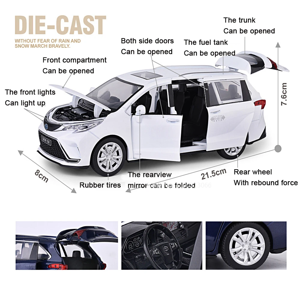 1:24 Sienna MPV Alloy Car Model Toy Diecast Metal Vehicles Model with Sound and Light Commercial Vehicle for Boy Birthday Gifts