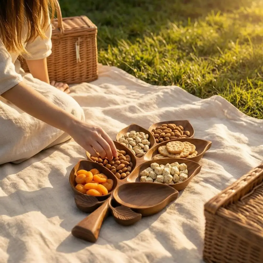 Natural Grain Wood Serving Piece Leaf Shaped Appetizer Platter Wooden Leaf Serving Tray with 7 Compartments Rustic Snack for Dry