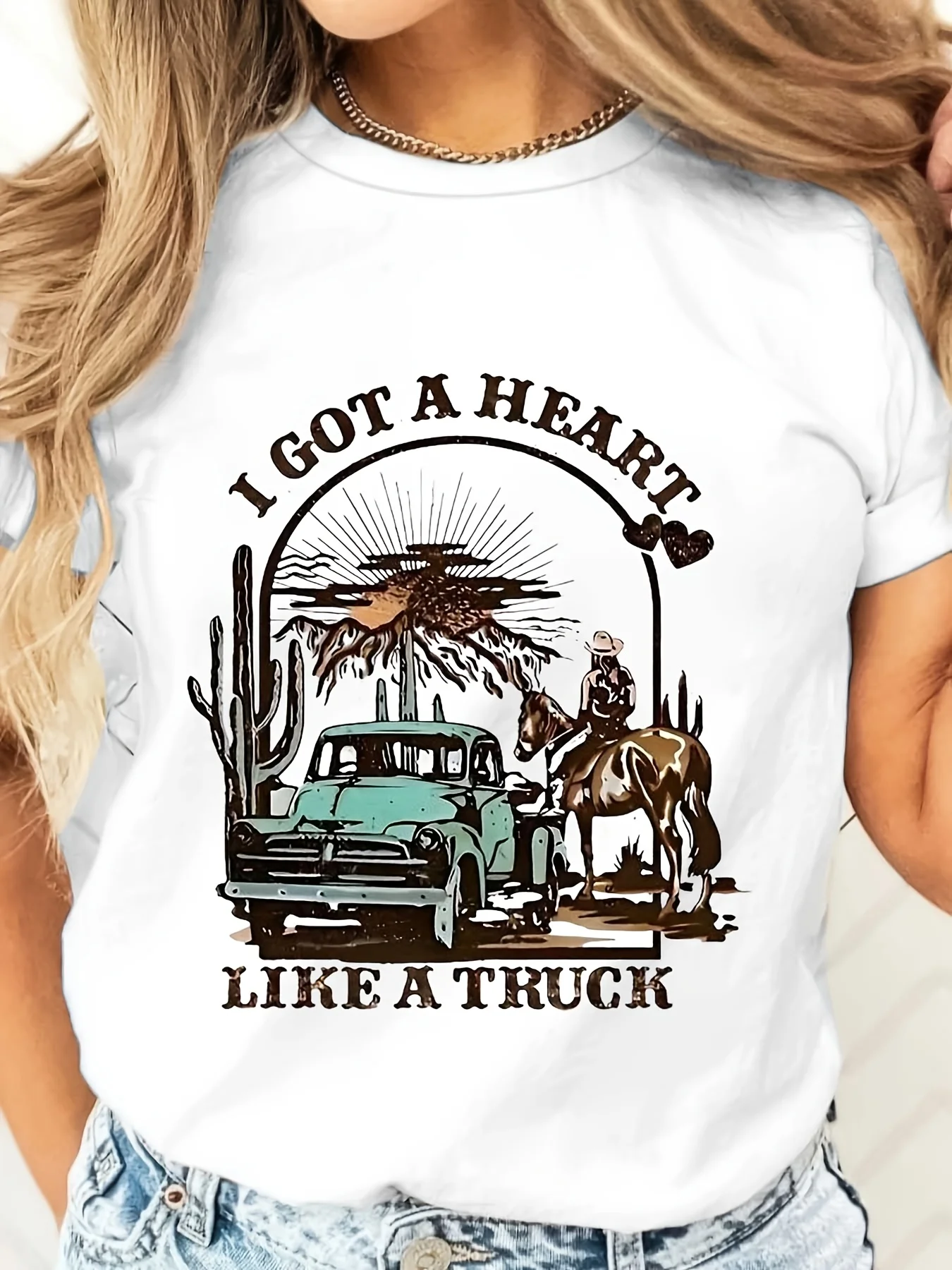 Aliexpress I Got A Heart Like A Truck Vintage Cowboy Cactus Print, T-Shirt, Western Country Theme, Casual Daily Wear Outdoor Festival - Aliexpress Deal