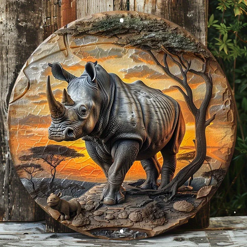 Majestic Rhinoceros Aluminum Wall Sign, UV and Scratch Resistant, Easy-Hang, Outdoor and Indoor Decor, Rhino Decor, 8in, 11.8in