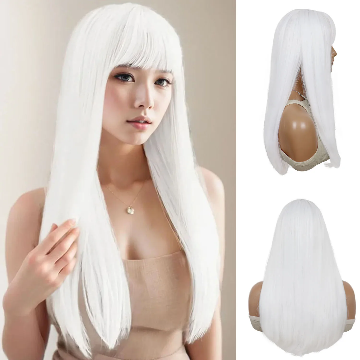 

26 Inch Long White Wigs for Women Synthetic Smooth Straight Hair Wig with Bangs Natural Looking Drag Queen Halloween Costume Wig