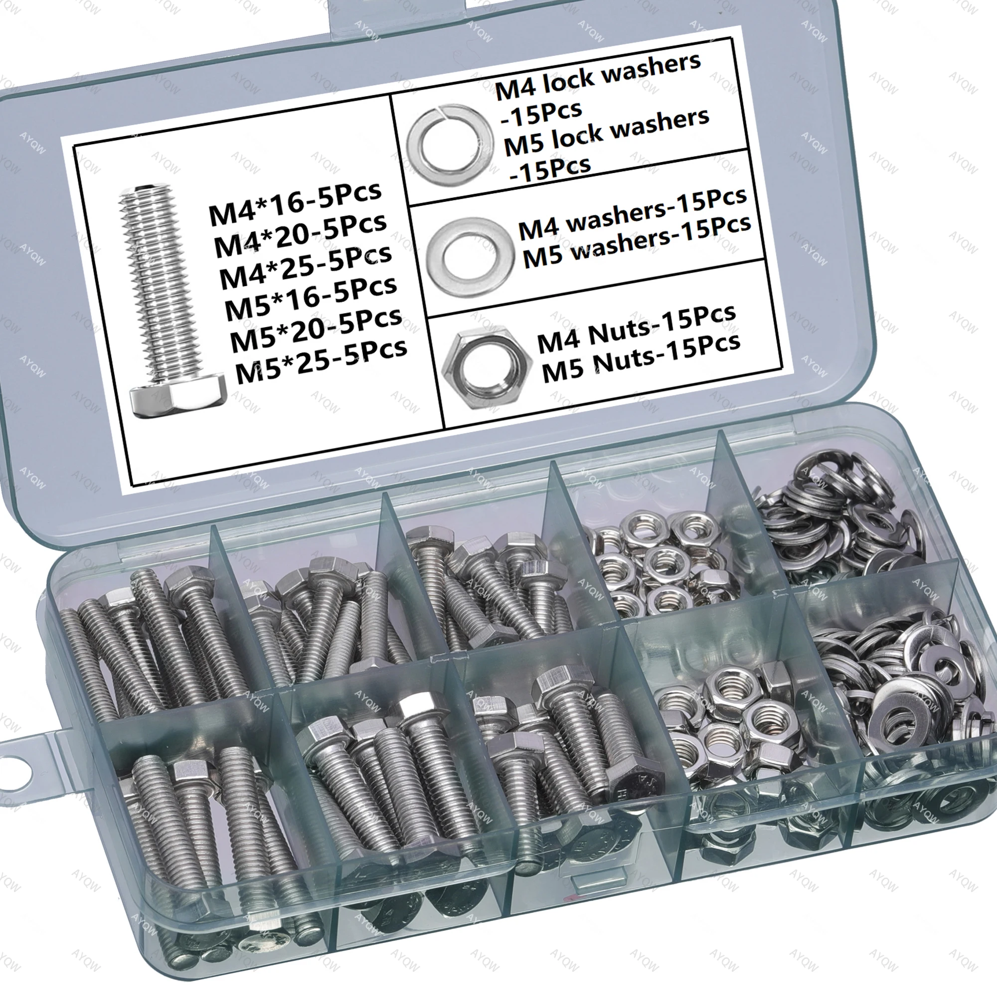 Kit surtido de tuercas y pernos de acero inoxidable de 120 piezas, que incluyen pernos hexagonales de 6 tamaños, arandelas planas y arandelas de bloqueo.
