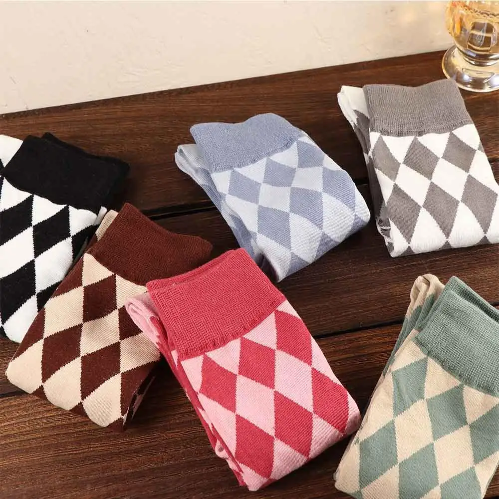 Unique Warm JK Cosplay Cotton Lolita Plaid Hosiery Knee High Socks Rhombus Check Socks Women Stockings