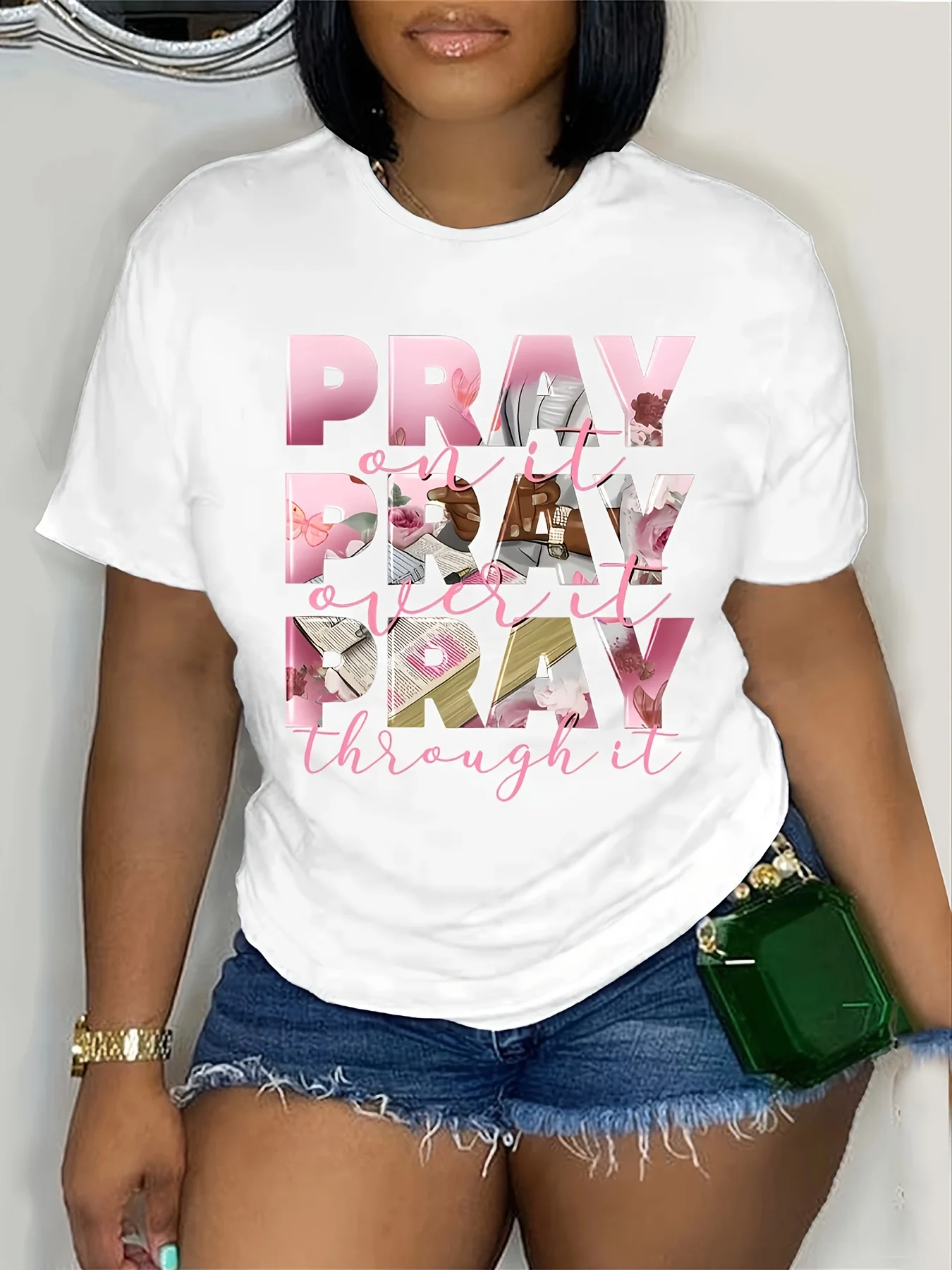 

Plus Size Womens CasualTShirt with Pray On It Pray Over It Pray Through It Inspirational Quote Floral Lettering White Round Neck