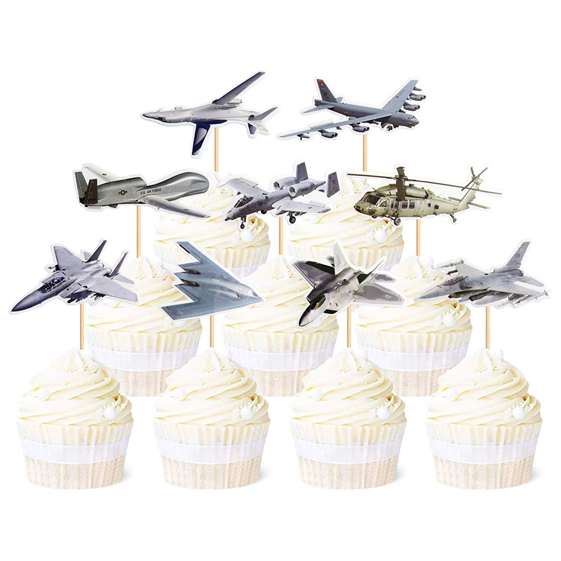 Cake Topper Fighter Plane Military DIY Helicopter Cupcake Toppers Men Boys Happy Birthday Decoration Party Dessert Decor Flags