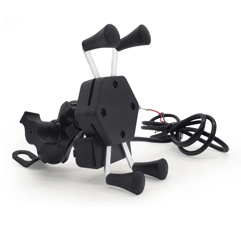 12V Motorcycle X Type Phone Charger Holder Waterproof 360 Degree Rotation Adjustable For Rearview Mirror Mounting