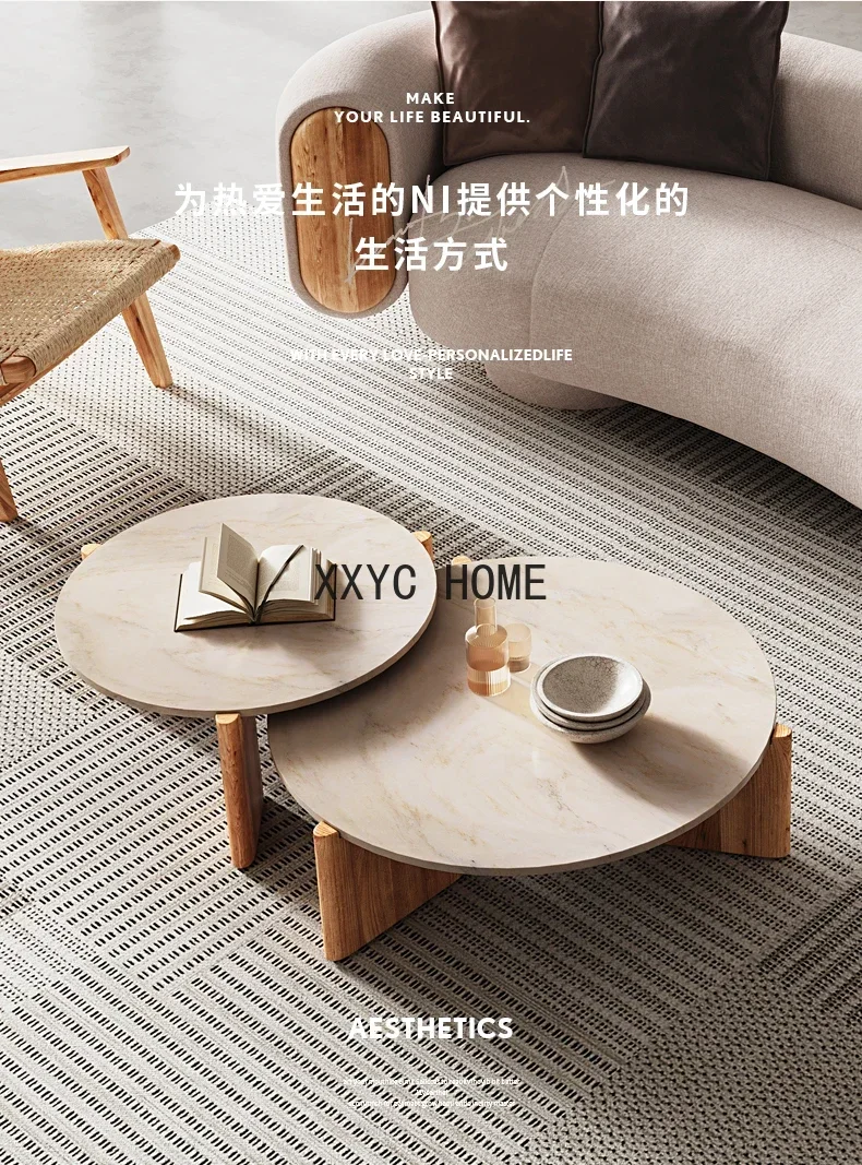XL غرفة المعيشة الخشبية الصلبة طاولة الشاي المستديرة مزيج شقة صغيرة طاولة الشاي الحجر الطبيعي