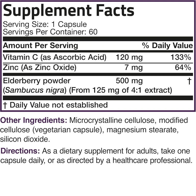 Elderberry contém zinco e vitamina C composto de suporte imunológico triplo, proteção contra imunidade e antioxidante, 60 cápsulas vegetarianas