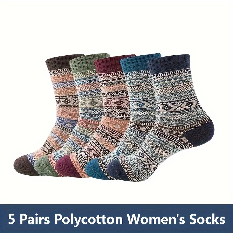 ถุงเท้าถักแสนสบายของผู้หญิง 5 คู่ - ถุงเท้าฤดูหนาวกลางน่องที่อบอุ่นและหนาพร้อมรูปแบบ Houndstooth ที่หรูหรา, ผสมโพลีเอสเตอร์, ถุงเท้าน่ารัก