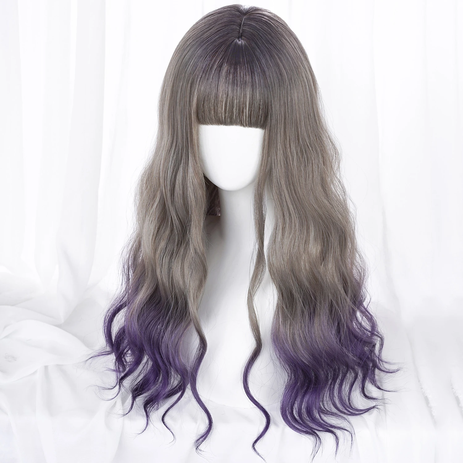 MSIWIGS Grey Mixed Purple Gradient Long Wavy Lolita Style Wig with Bangs Cosplay Party Synthetic Wigs for Women