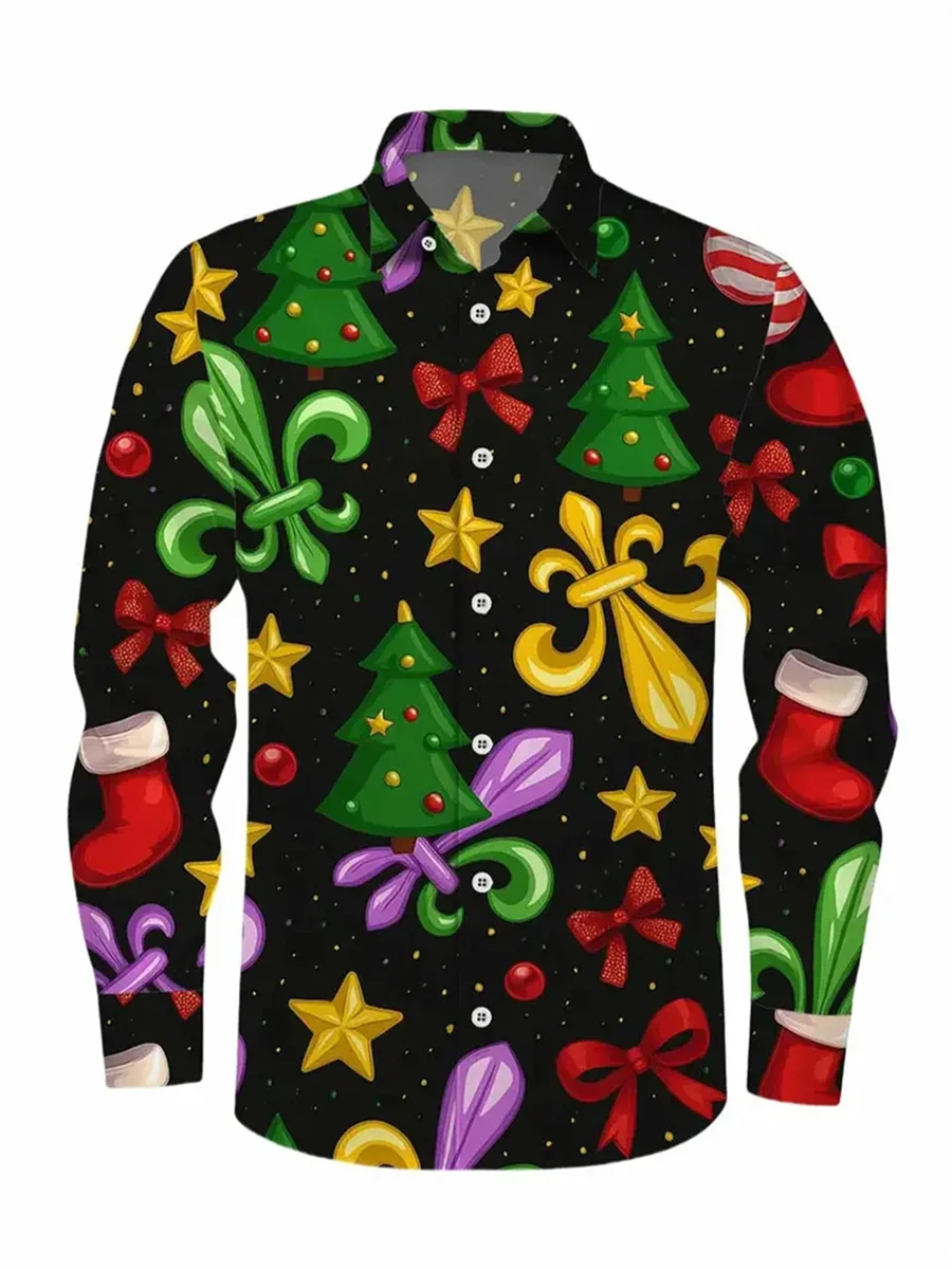 Grote maten herenshirt met lange mouwen Cartoon kerstsneeuwman en boomprint Vakantie Casual familiefeestkleding