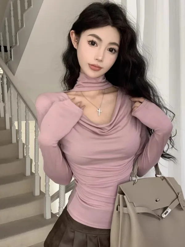 

Elegant Hollow out Long Sleeve T-Shirt Women's Inner Wear Outer Style Autumn New Design Sexy Girl Korean Style Knitted Top