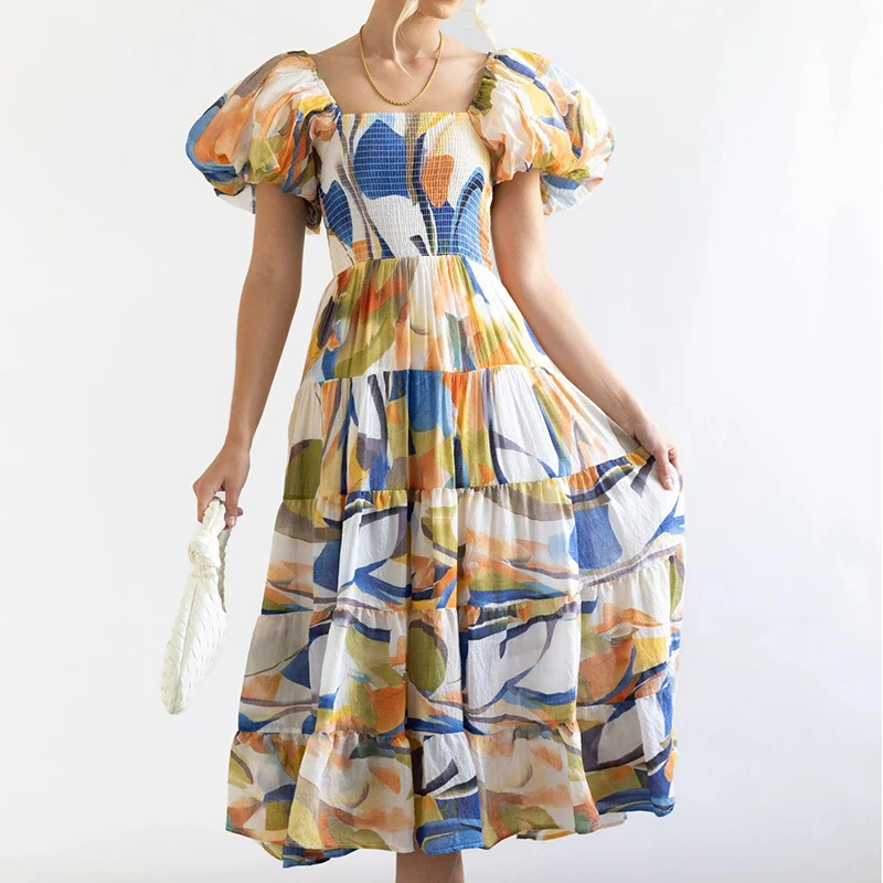 เดรสพิมพ์ลายดอกไม้แขนพอง สไตล์เซ็กซี่เปิดหลัง คอเฉียง ผ้ามีความยืดหยุ่น เอวสูง กระโปรงสั้น/ยาว รุ่นใหม่สำหรับฤดูร้อน