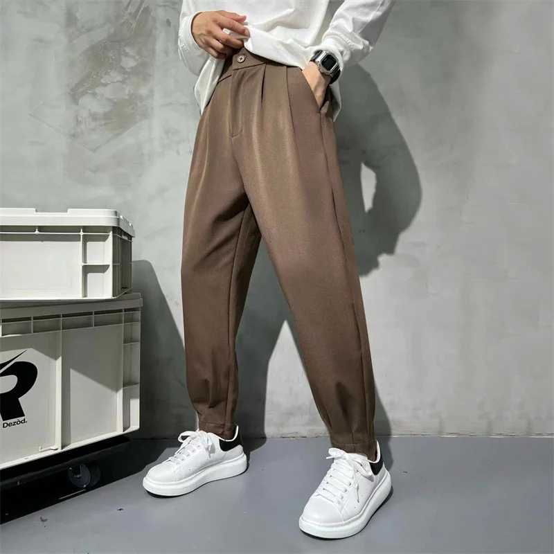 

Solid Color Suit Pants Men Fashion Business Society Mens Dress Ankle Zipper Pants Korean Straight Mens Office Formal Trousers