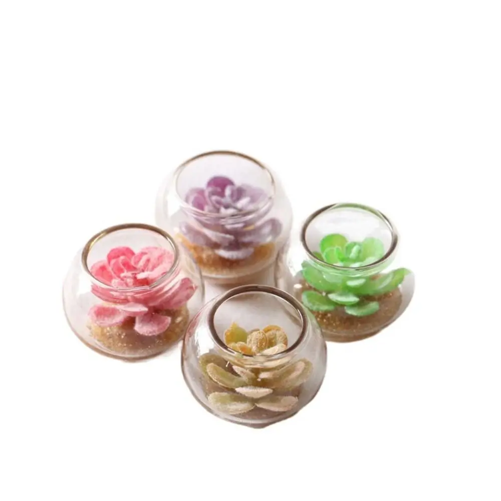 Kids Play Toy Miniature 1:12 Dollhouse Potted Colorful Glass Vase Green Plant Ornaments Lifelike Succulent Model