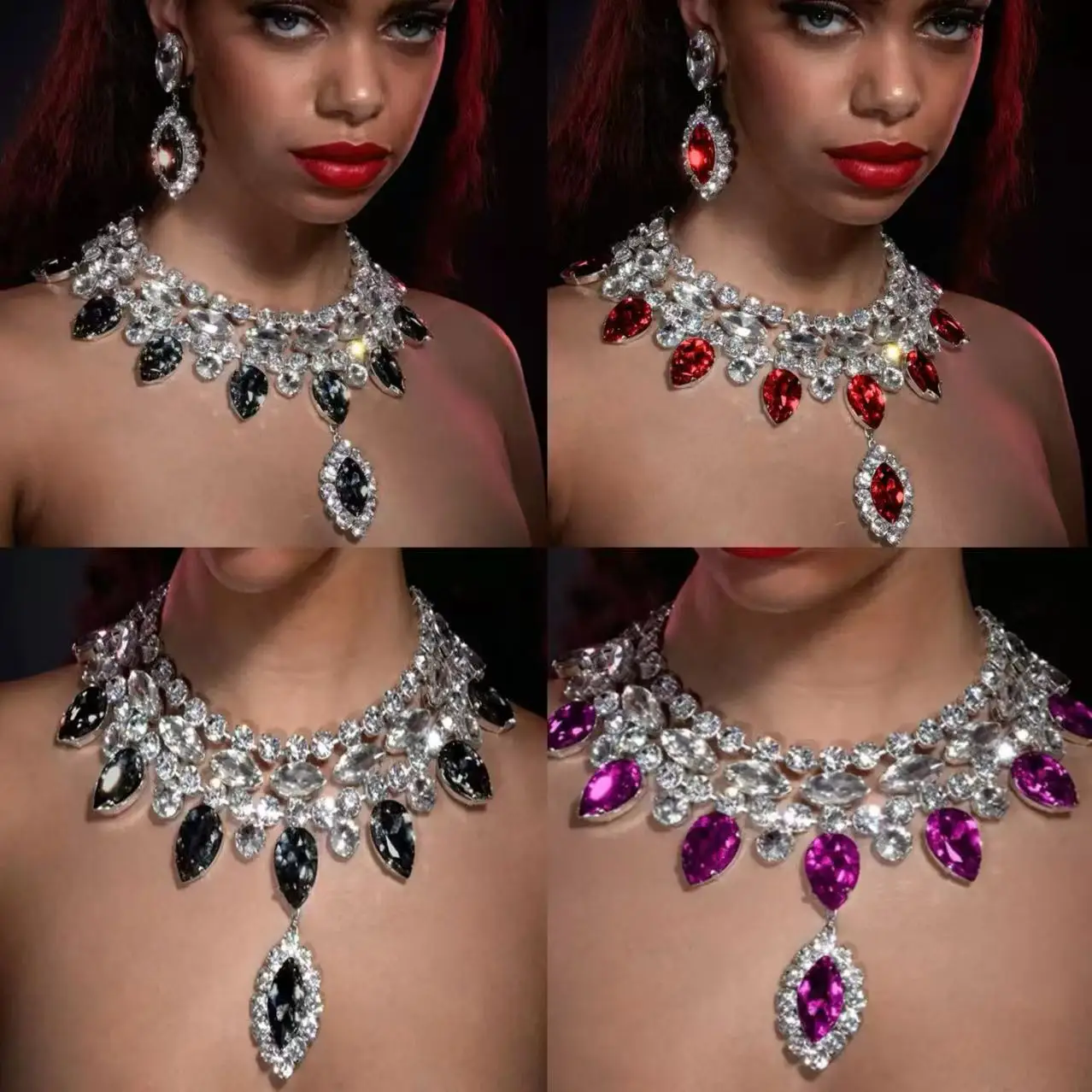 Dazzling Glass Strass Pendant Necklace for Women Big Jewelry Exaggeration Multicolor Rhinestone Crystal Stage Accessories
