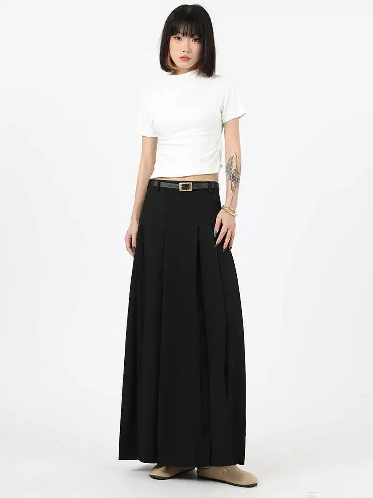 Women's Maxi Pleated Skirt 2000s Aesthetic Party Preppy Style A-line Vintage High Street Korean Y2k Harajuku Skirt Design Solid