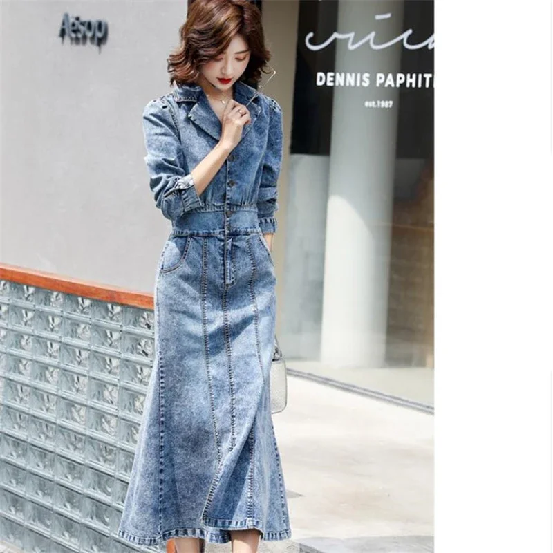 

Long Denim Dress Women Spring Autumn Casual Notched Long Sleeve Midi Dresses Ladies Fashion Single-breasted Cowboy Dress