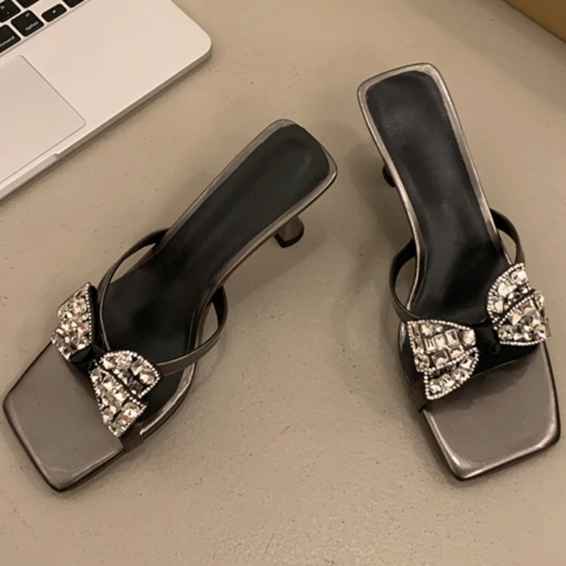 

Women's Fine Heeled Sandals Fashion Square Head Shallow Mouth Crystal Butterfly Knot Set Foot High-heeled Slippers