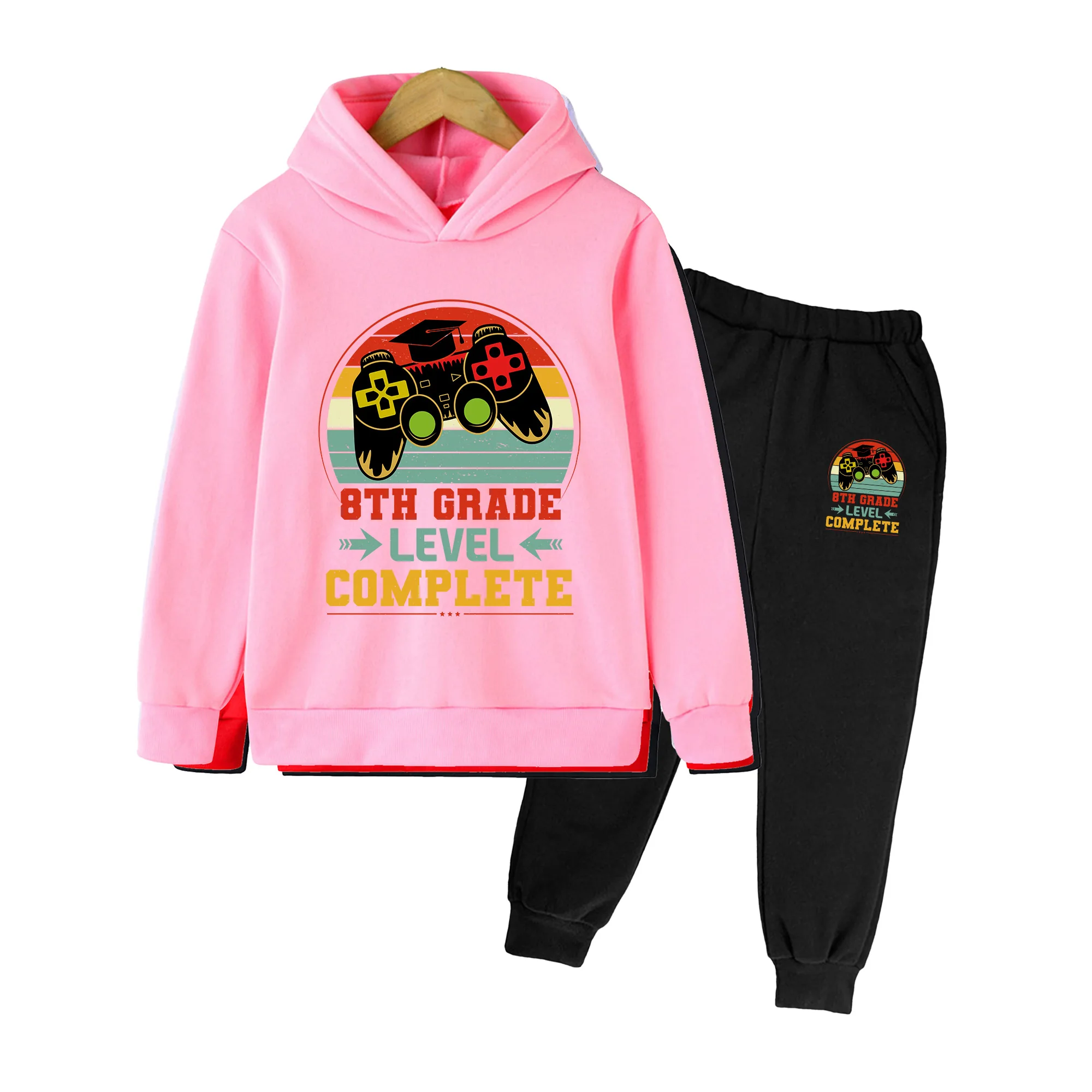Kids' Graduation Gamepad Print Hoodie & Jogger Set, 8th Grade Level Complete Outfit for Boys Girls