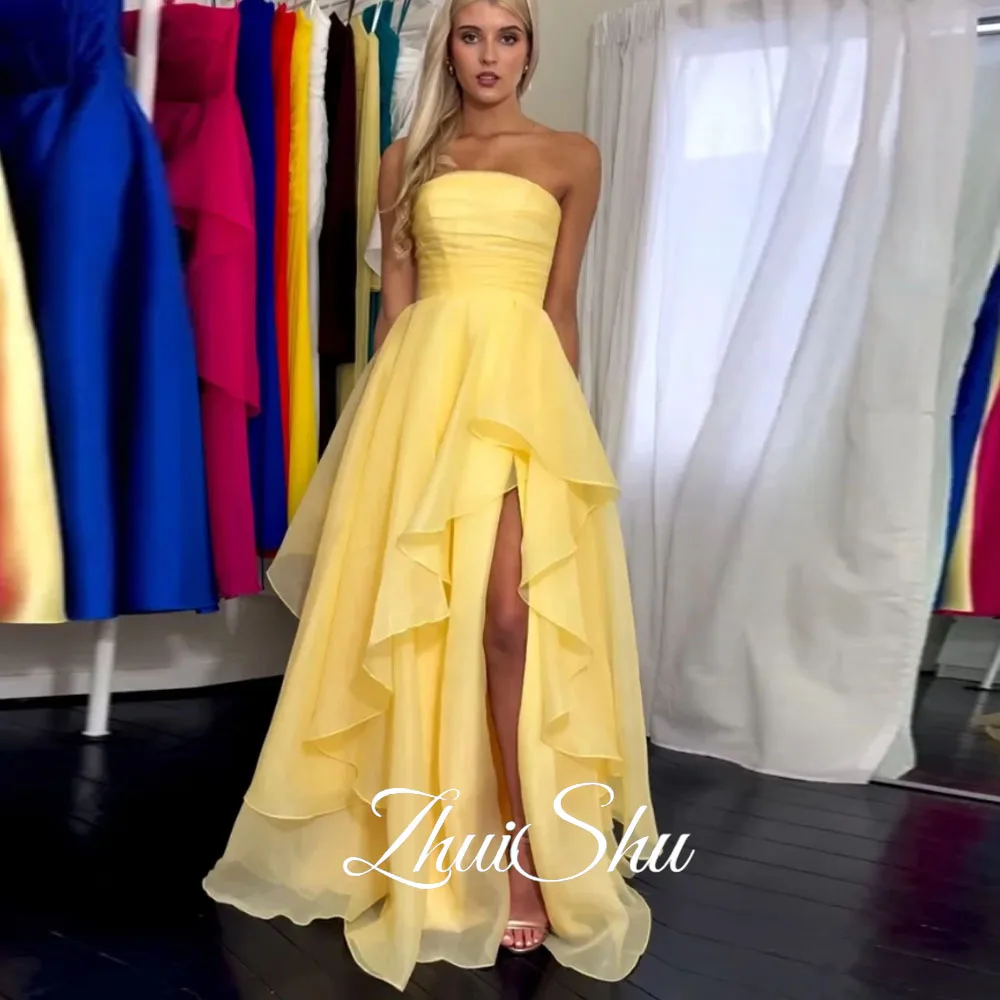 

ZHUISHU A-line Ruffled Women Evening Dresses Yellow High Slit 2025 Customized Party Dresses Homecoming Women Long Prom Dress