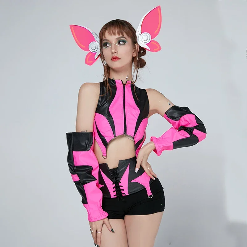 Fluorescent Bodysuit Butterfly Headwear Nightclub DS DJ Gogo Dancer Costumes Women Cosplay Stage Pole Dance Rave Outfit XS5501
