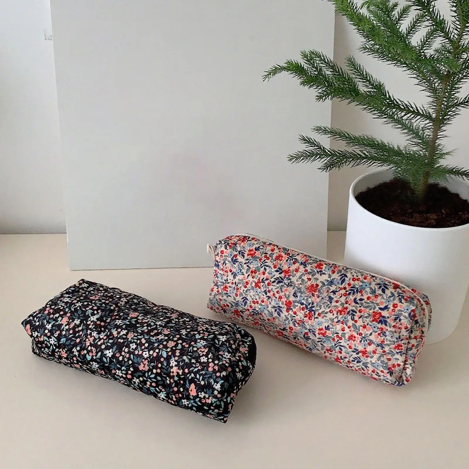 Pencil Pouch Corduroy 2 Pieces Corduroy Makeup Bag 3D Floral Embroidery Holder Organizer Box For Stationery School College