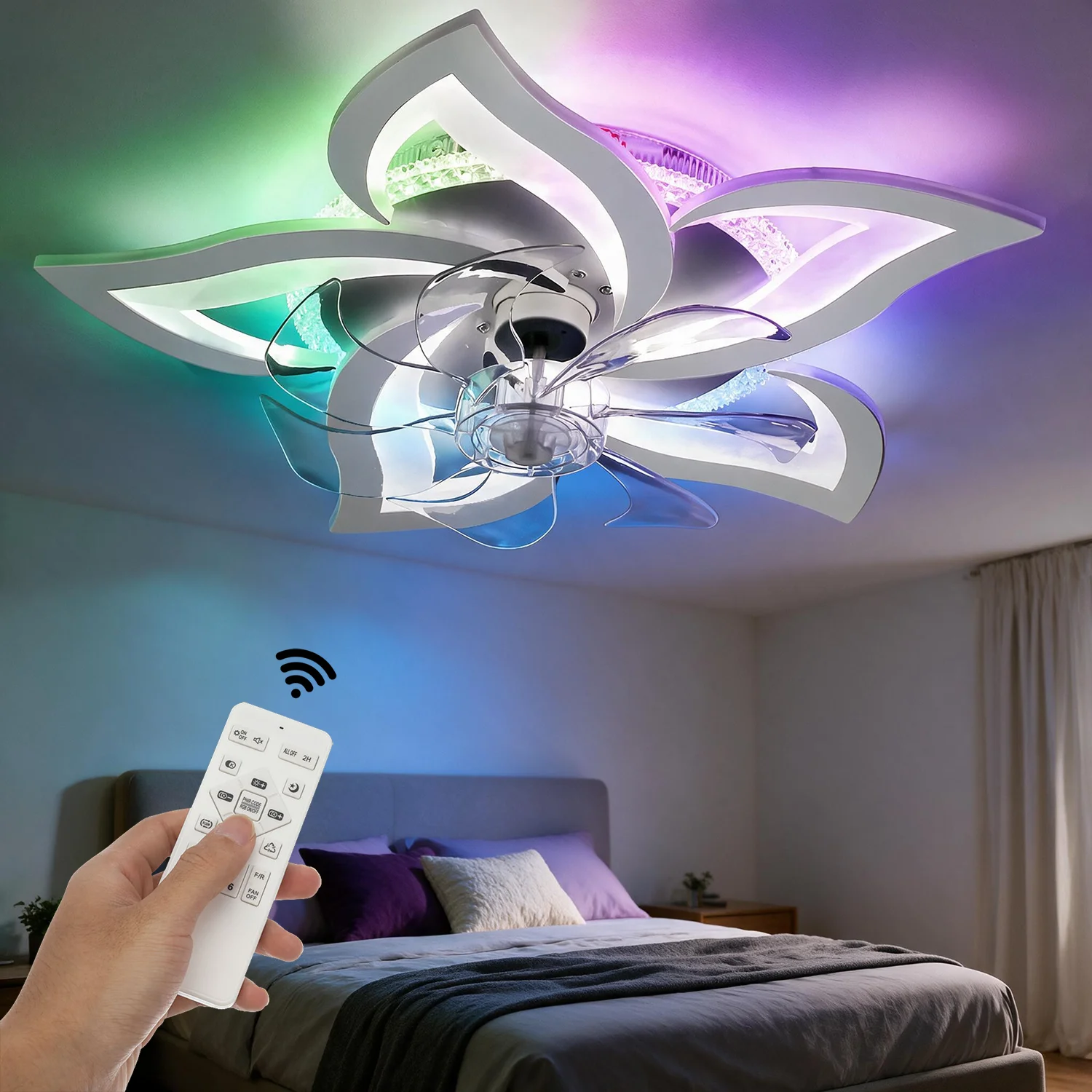 LED-Deckenventilatorleuchte RGB Dimmbar mit Fernbedienung für Wohnzimmer Schlafzimmer Ganzjährig Vorwärts-Rückwärts-Drehung Beleuchtungsdekoration Acryl