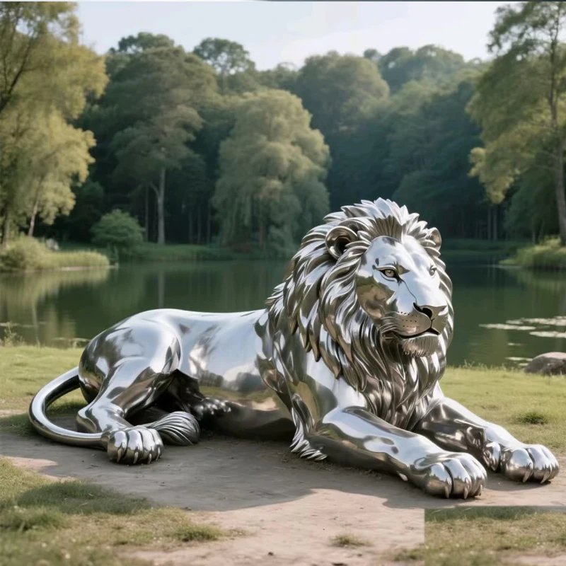 Modern Feng Shui Garden Lion Sculpture Large-scale Polished Stainless Steel Geometric Polygon Design