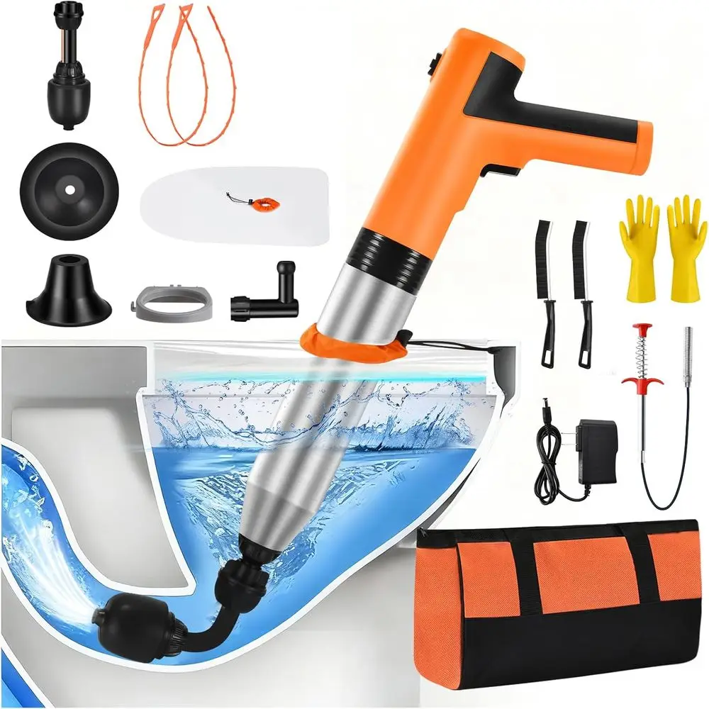 

Мощный инструмент для прочистки унитазов под высоким давлением, без брызг, с выдвижным шнуром, набор для прочистки канализации в ванной комнате - оранжевый