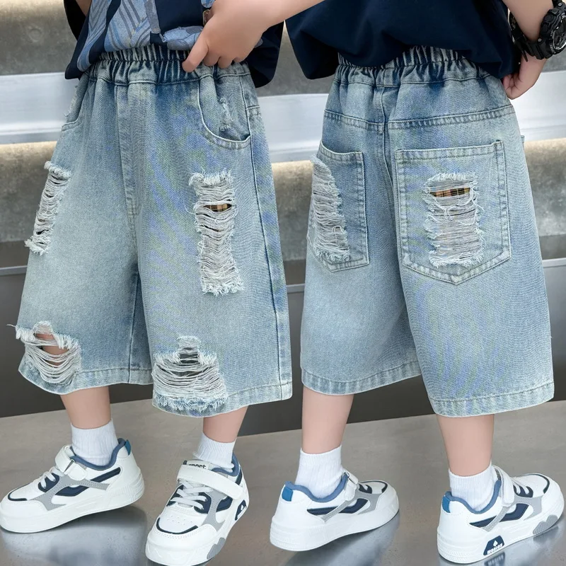 Kids Summer Ripped Denim Shorts with Holes for Tween Boys Casual Blue Knee Length Jeans Children Loose Style Broken Shorts
