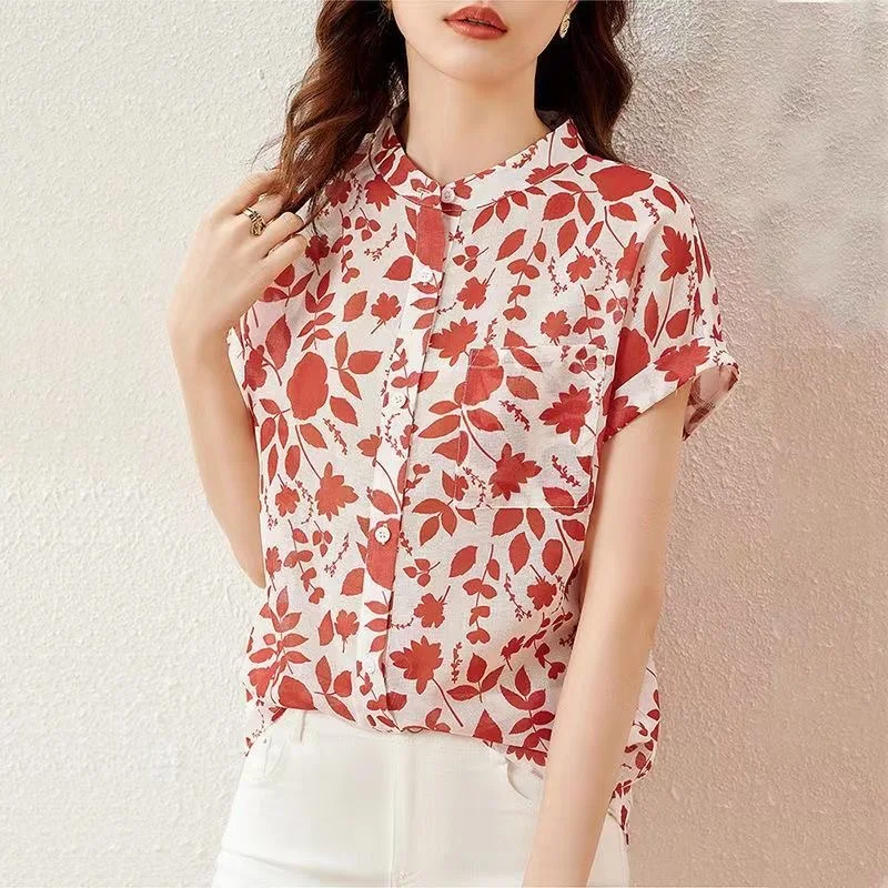 Women Summer Style Chiffon Blouses Tops Lady Casual Short Sleeve Stand Collar Flower Printed Blusas Tops SP1498