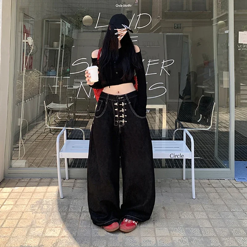 Korean Style Women Jeans Solid Color Metal Buckle Casual Streetwear Straight Wide Leg Loose Male Denim Pants Fashion 9X270