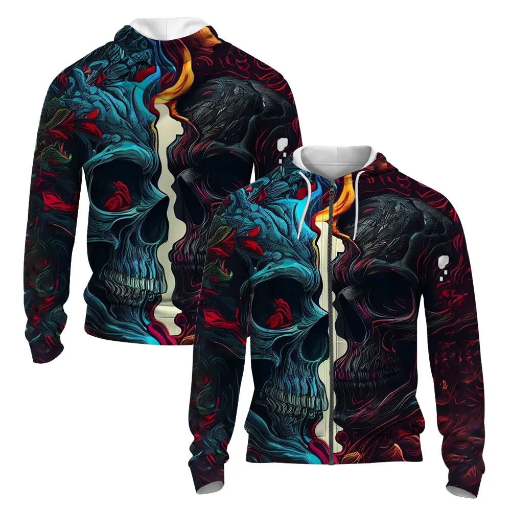 

Autumn And Winter New Thick Warm Long Sleeve Hoodie Men's Halloween Pocket Hooded Zipper Hoodie Men's Fashion Skull Print Top