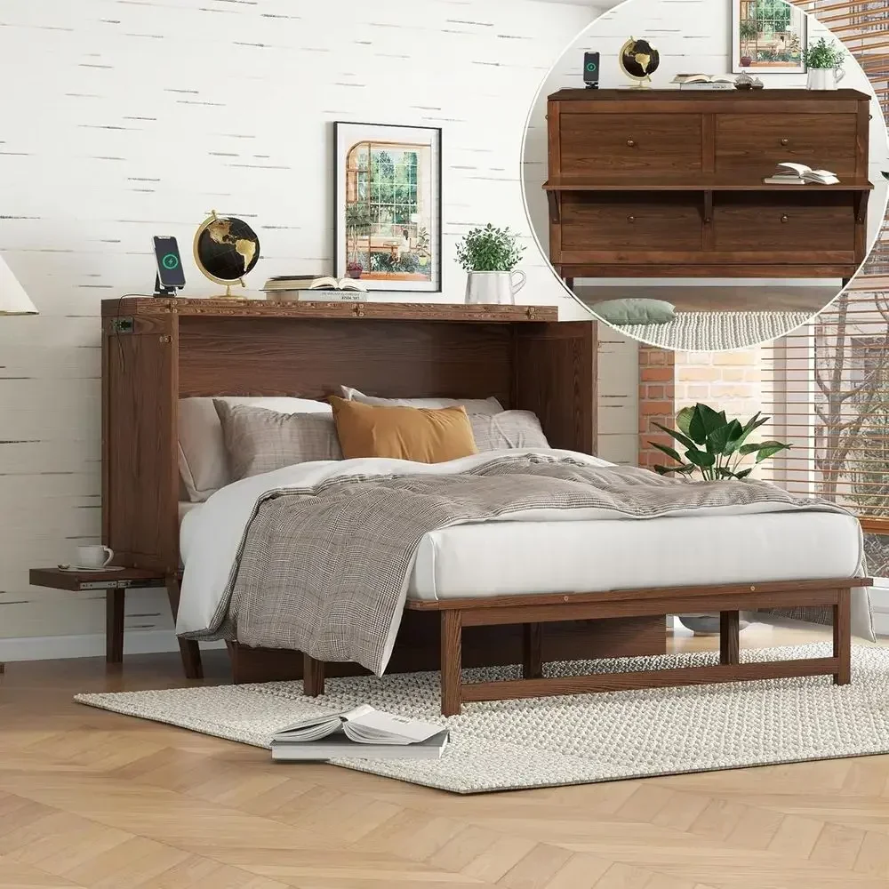 Wall-Mounted Queen Murphy Bed with Desk, USB Ports, and Side Shelves - Ideal for Small Spaces in Walnut Finish view 3