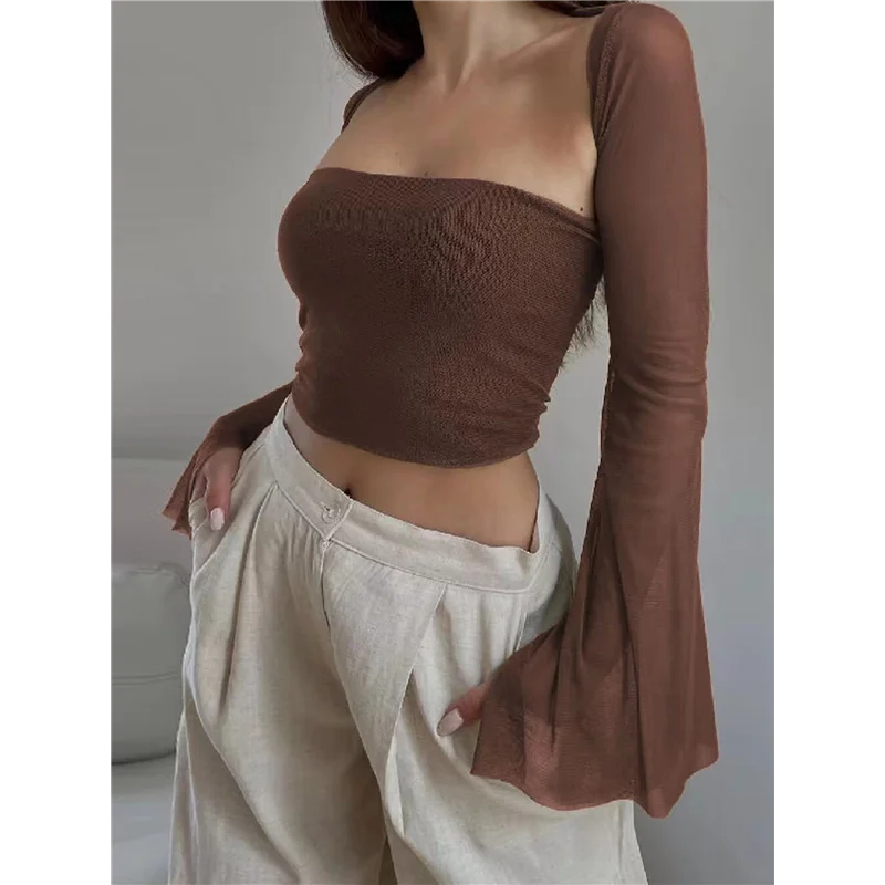 ASDS-Dames Tweedelige Sets Mesh Lange Mouw Corset Top Trendy Y2K Vierkante Hals Uitgaan Bustier Crop Sjaal tops