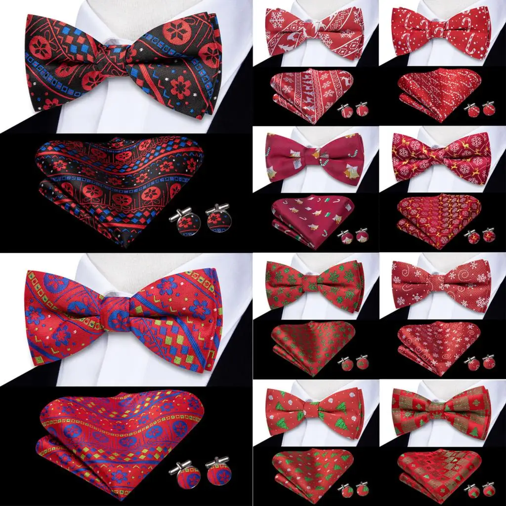 Hi-Tie Red Blue Xmas Butterfly Silk Mens Christmas Bow Tie Hanky Cufflink Set Jacquard Floral Pre Tied Bowtie for Male