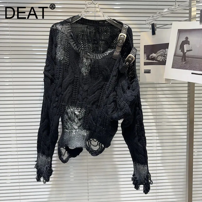 DEAT Fashion Women's Metal Buckle Shoulder Strap Sweater Loose Casual Hole Design Pullovers Female 2024 Autumn New Item 11A0891