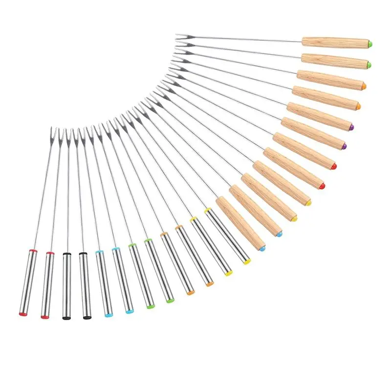 ABZC-24 Pack Stainless Steel Fondue Forks, 12 Wood Handles And 12 Stainless Steel Handles, Heat Resistant Smores Sticks