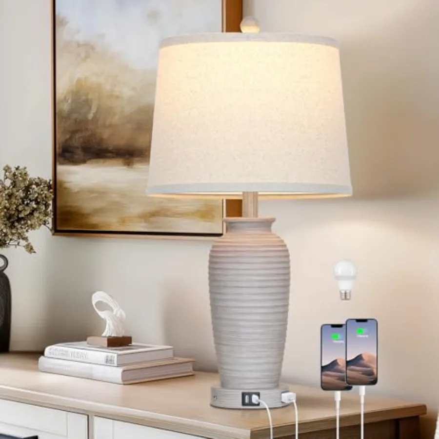 

25" Vintage Farmhouse Jar Table Lamps, Single Rustic Bedside Lamp with USB A+C Ports and AC Outlet, Nightstand Lamps for Living