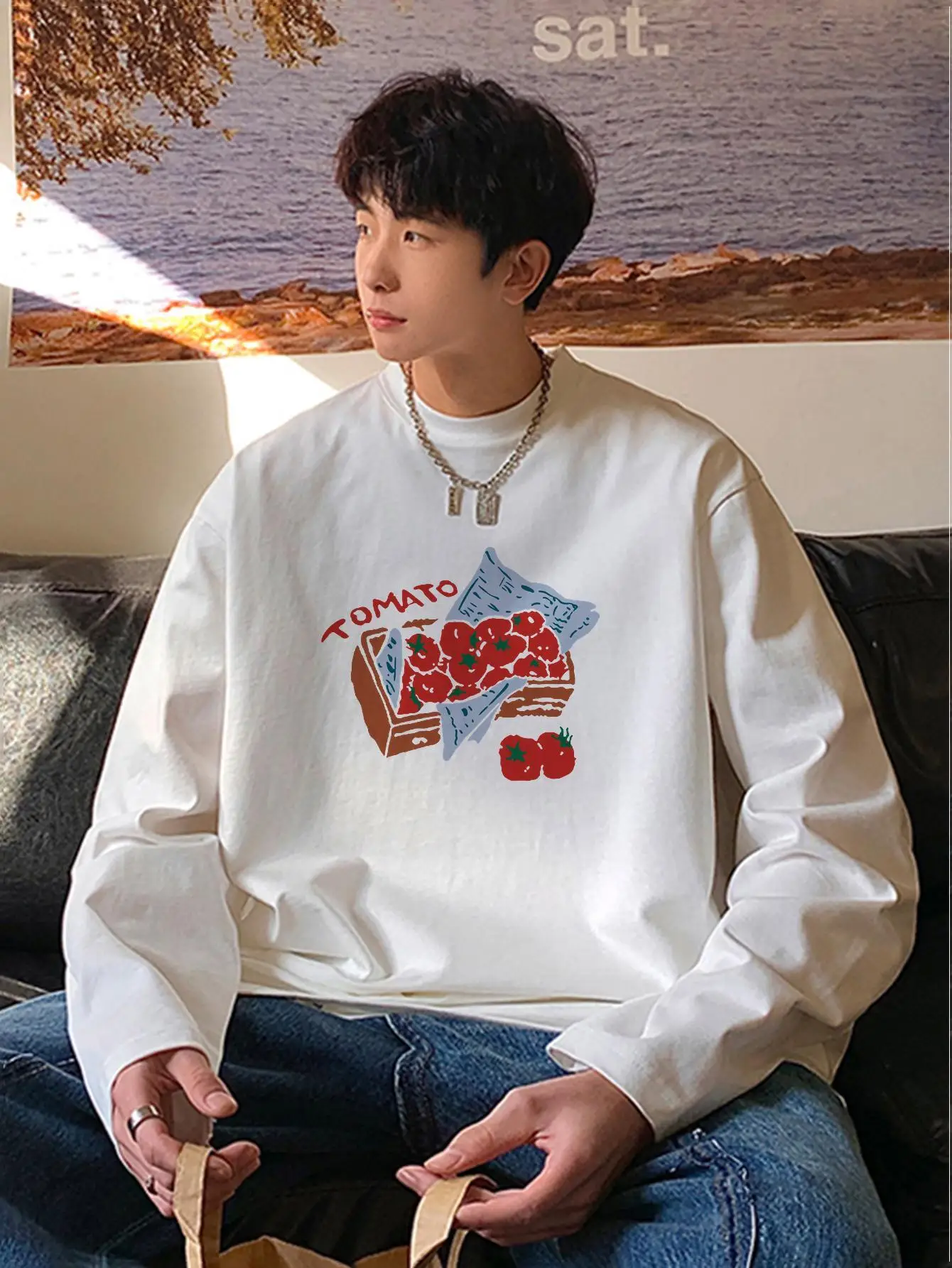 Tomatoes Kpop Man Tshirts Long Sleeve Autumn Clothing Y2k Fashion Oversize Tees High Quality Cotton Male Casual Tops Harajuku